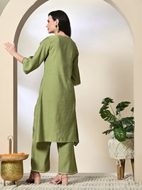 Thumbnail for Myshka Women's Embroidered Keyhole Neck Bell Sleeves Kurta & Palazzos Sets in Green Color