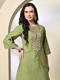 Thumbnail for Myshka Women's Embroidered Keyhole Neck Bell Sleeves Kurta & Palazzos Sets in Green Color