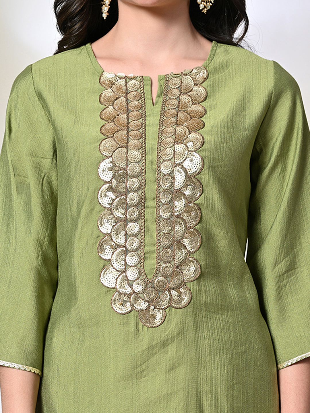 Myshka Women's Embroidered Keyhole Neck Bell Sleeves Kurta & Palazzos Sets in Green Color