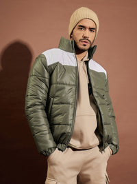 Thumbnail for Lyush Men Olive & White Puffer ColorBlock Jacket