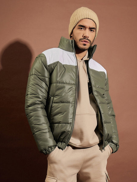 Lyush Men Olive & White Puffer ColorBlock Jacket