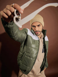 Thumbnail for Lyush Men Olive & White Puffer ColorBlock Jacket