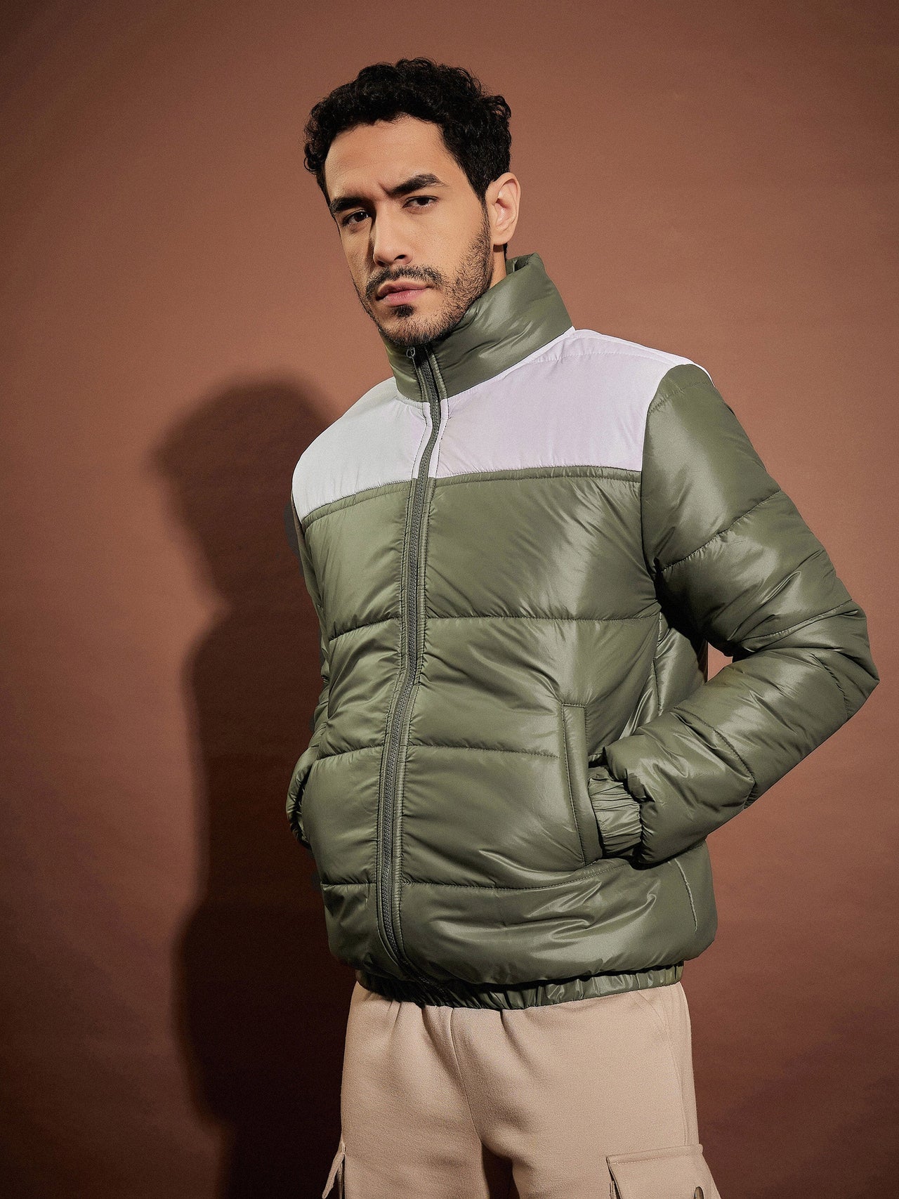 Lyush Men Olive & White Puffer ColorBlock Jacket
