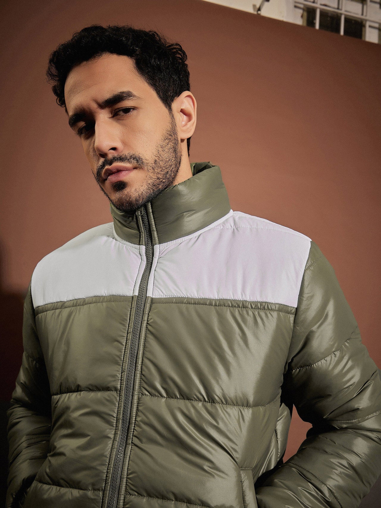 Lyush Men Olive & White Puffer ColorBlock Jacket