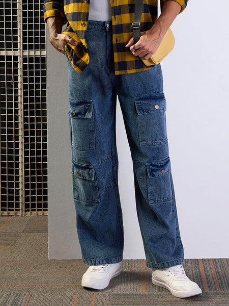 Lyush Men Blue Multi Pocket Baggy Jeans