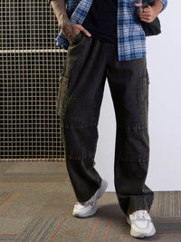 Thumbnail for Lyush Men Black Front Detail Baggy Cargo Jeans