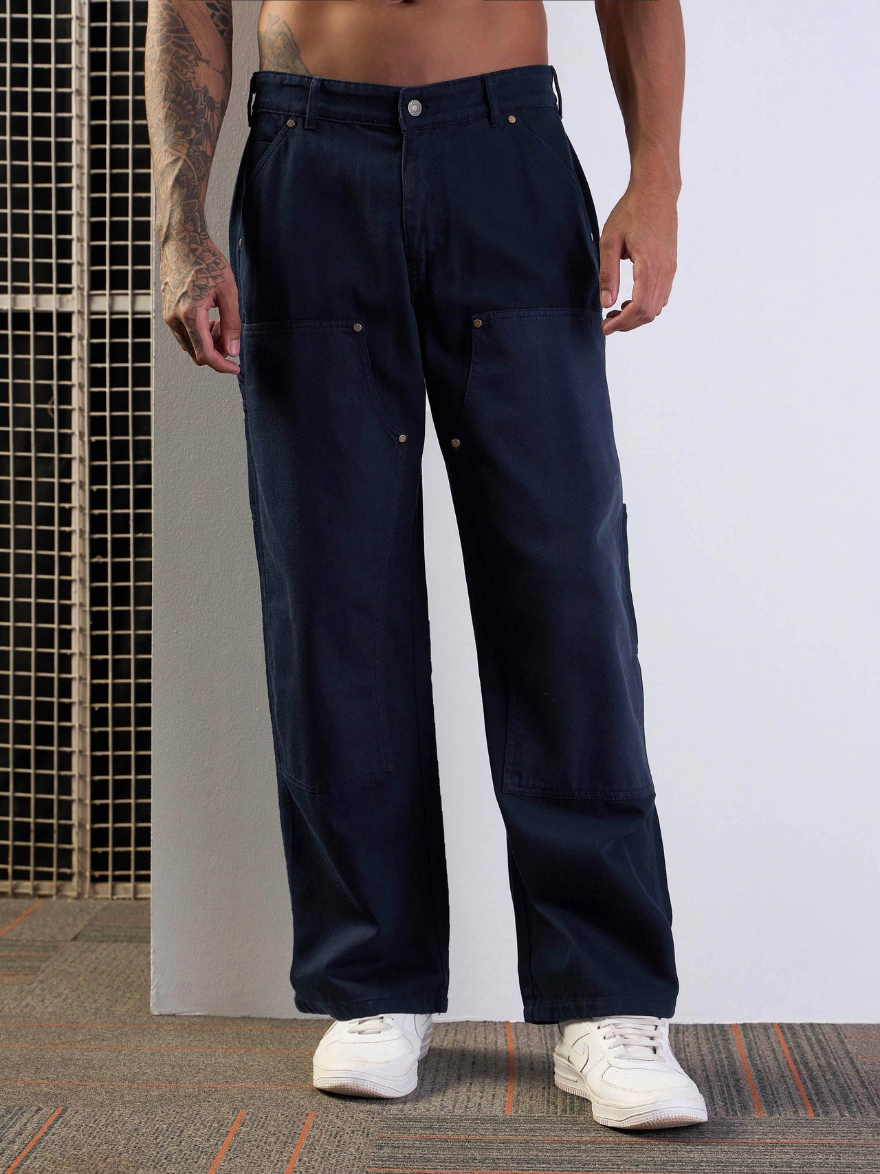 Lyush Men Navy Blue Relax Fit Carpenter Jeans