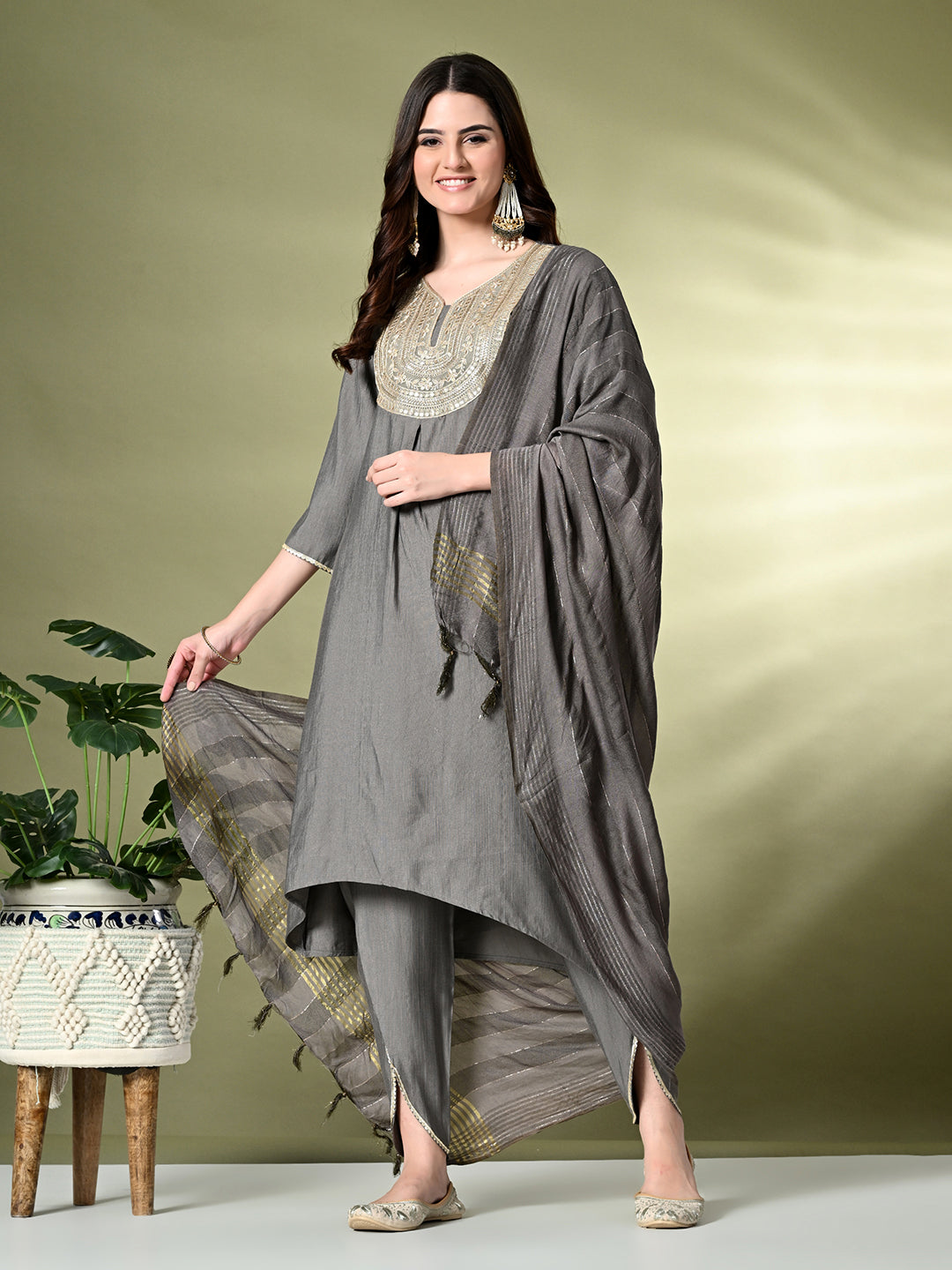 Myshka Women's Embroidered V-Neck Bell Sleeves Kurta & Dhoti Pants With Dupatta Sets in Grey Color