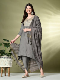 Thumbnail for Myshka Women's Embroidered V-Neck Bell Sleeves Kurta & Dhoti Pants With Dupatta Sets in Grey Color