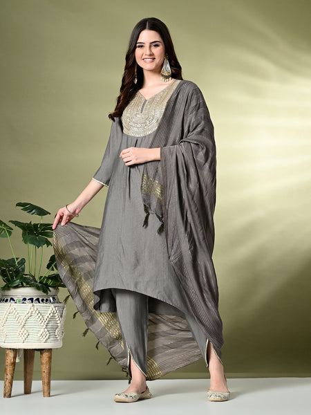 Myshka Women's Embroidered V-Neck Bell Sleeves Kurta & Dhoti Pants With Dupatta Sets in Grey Color