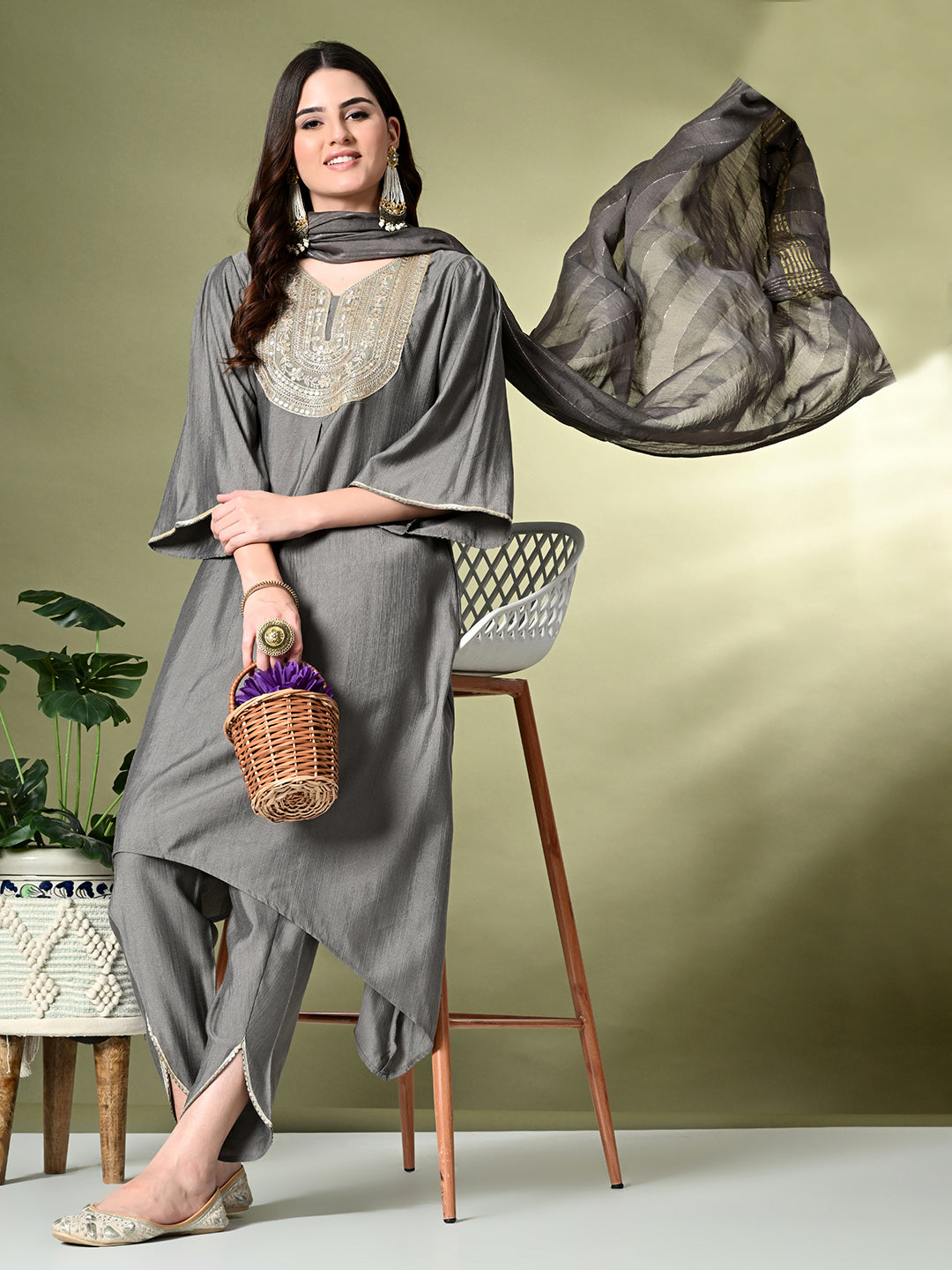 Myshka Women's Embroidered V-Neck Bell Sleeves Kurta & Dhoti Pants With Dupatta Sets in Grey Color