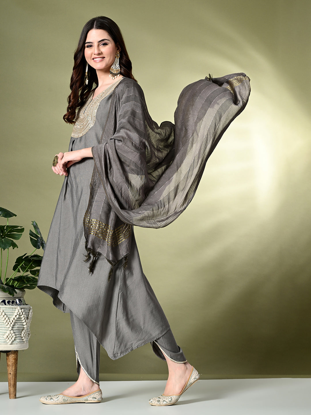 Myshka Women's Embroidered V-Neck Bell Sleeves Kurta & Dhoti Pants With Dupatta Sets in Grey Color