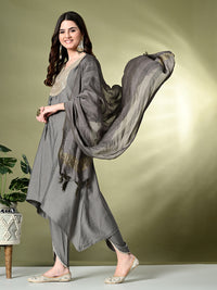 Thumbnail for Myshka Women's Embroidered V-Neck Bell Sleeves Kurta & Dhoti Pants With Dupatta Sets in Grey Color