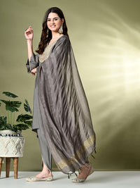 Thumbnail for Myshka Women's Embroidered V-Neck Bell Sleeves Kurta & Dhoti Pants With Dupatta Sets in Grey Color