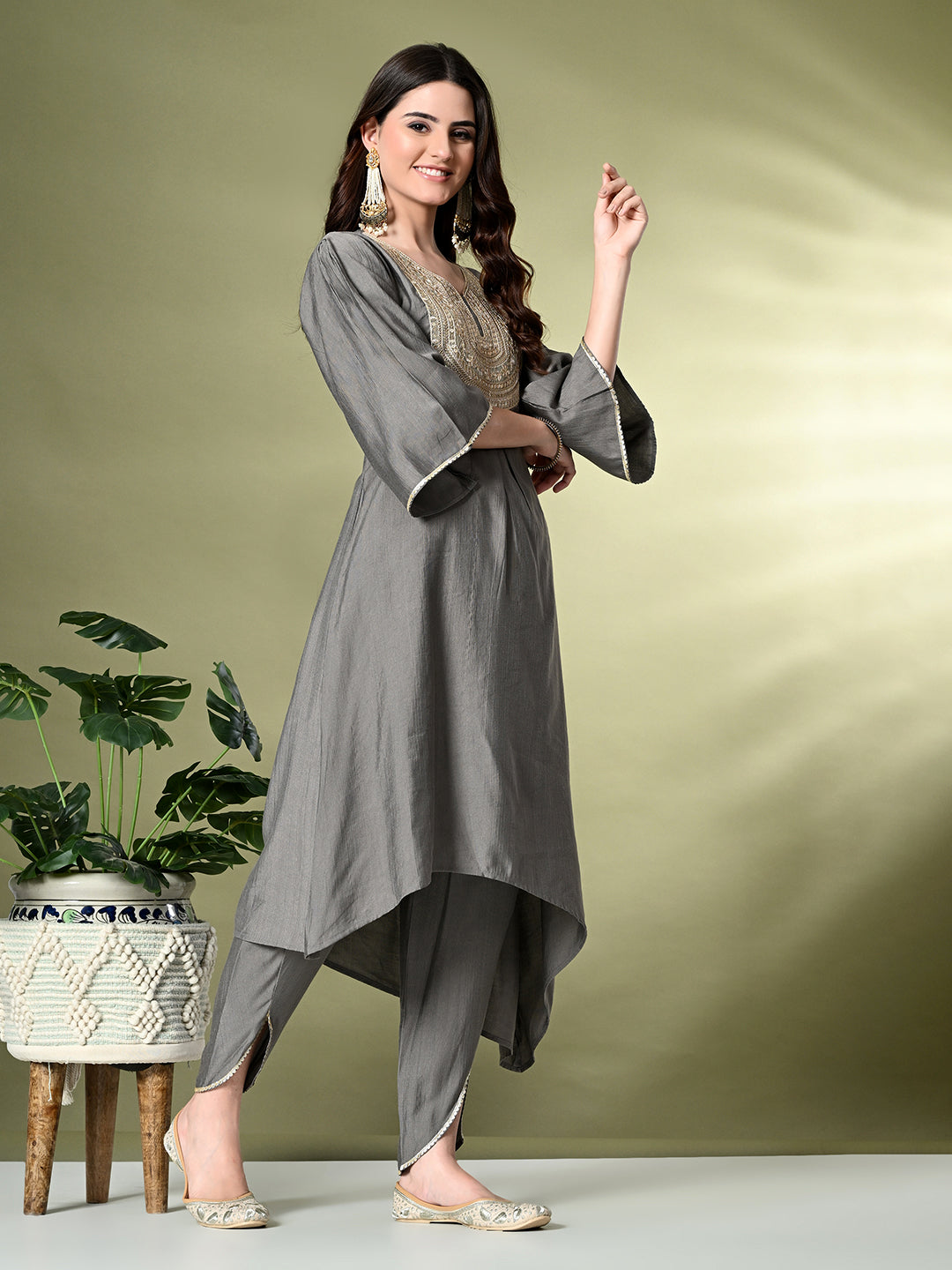 Myshka Women's Embroidered V-Neck Bell Sleeves Kurta & Dhoti Pants With Dupatta Sets in Grey Color