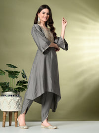 Thumbnail for Myshka Women's Embroidered V-Neck Bell Sleeves Kurta & Dhoti Pants With Dupatta Sets in Grey Color