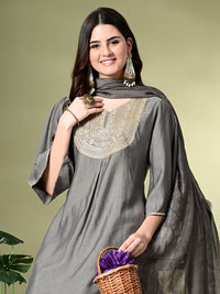 Thumbnail for Myshka Women's Embroidered V-Neck Bell Sleeves Kurta & Dhoti Pants With Dupatta Sets in Grey Color