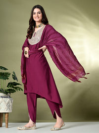 Thumbnail for Myshka Women's Embroidered V-Neck Bell Sleeves Kurta & Dhoti Pants With Dupatta Sets in Magenta Color