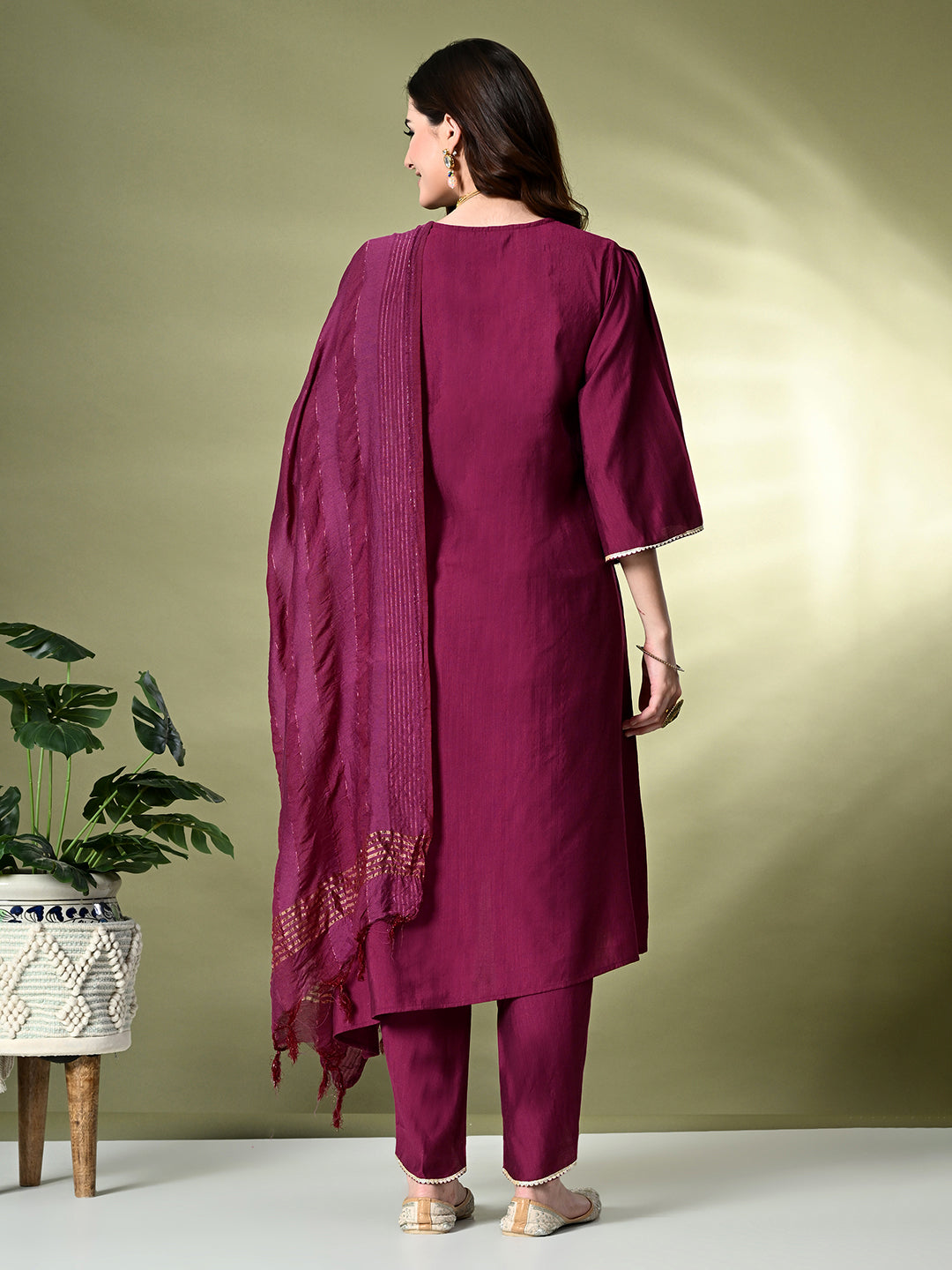 Myshka Women's Embroidered V-Neck Bell Sleeves Kurta & Dhoti Pants With Dupatta Sets in Magenta Color