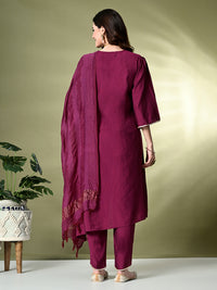 Thumbnail for Myshka Women's Embroidered V-Neck Bell Sleeves Kurta & Dhoti Pants With Dupatta Sets in Magenta Color