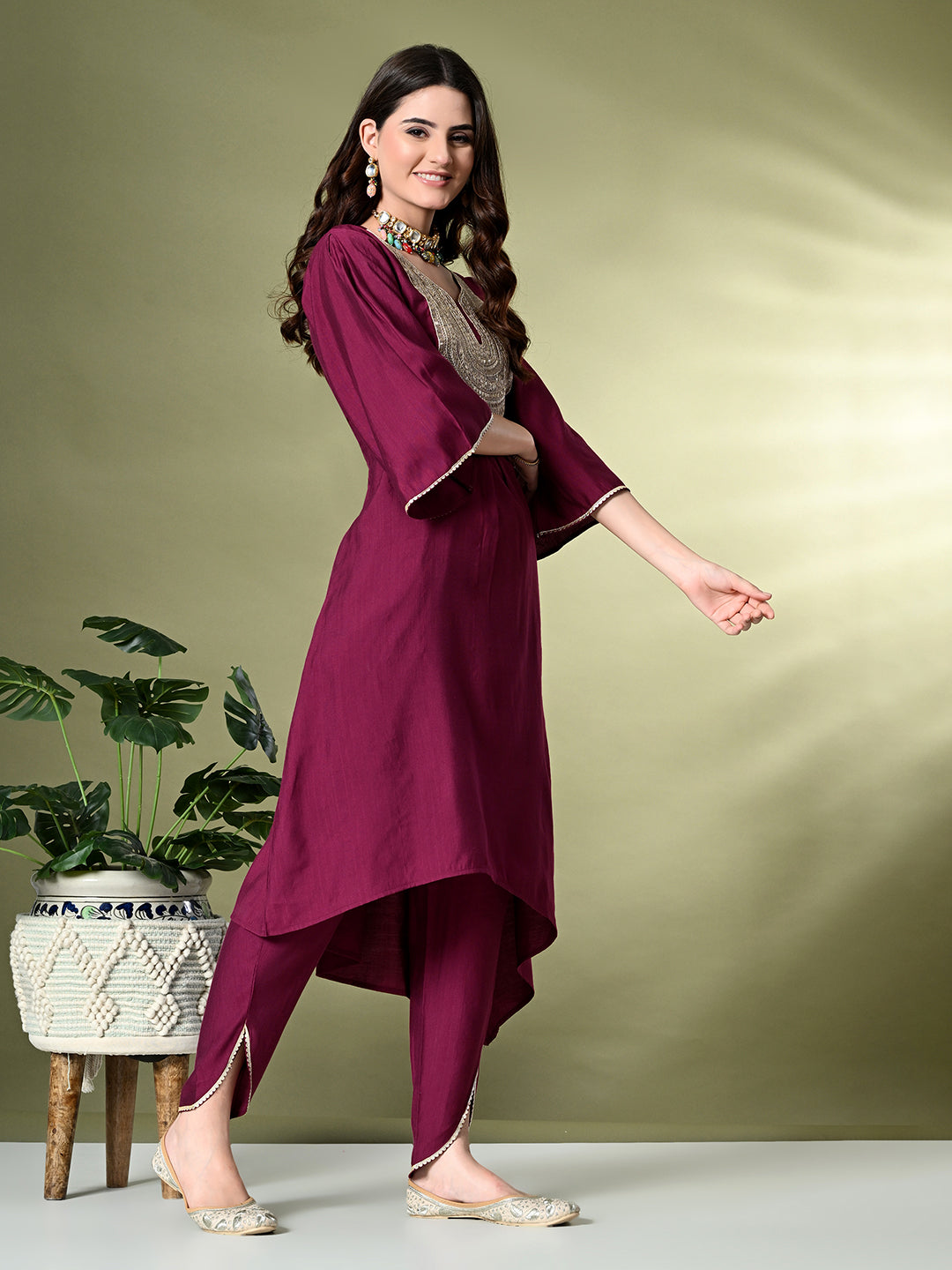 Myshka Women's Embroidered V-Neck Bell Sleeves Kurta & Dhoti Pants With Dupatta Sets in Magenta Color