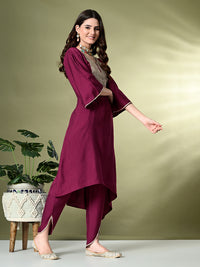 Thumbnail for Myshka Women's Embroidered V-Neck Bell Sleeves Kurta & Dhoti Pants With Dupatta Sets in Magenta Color