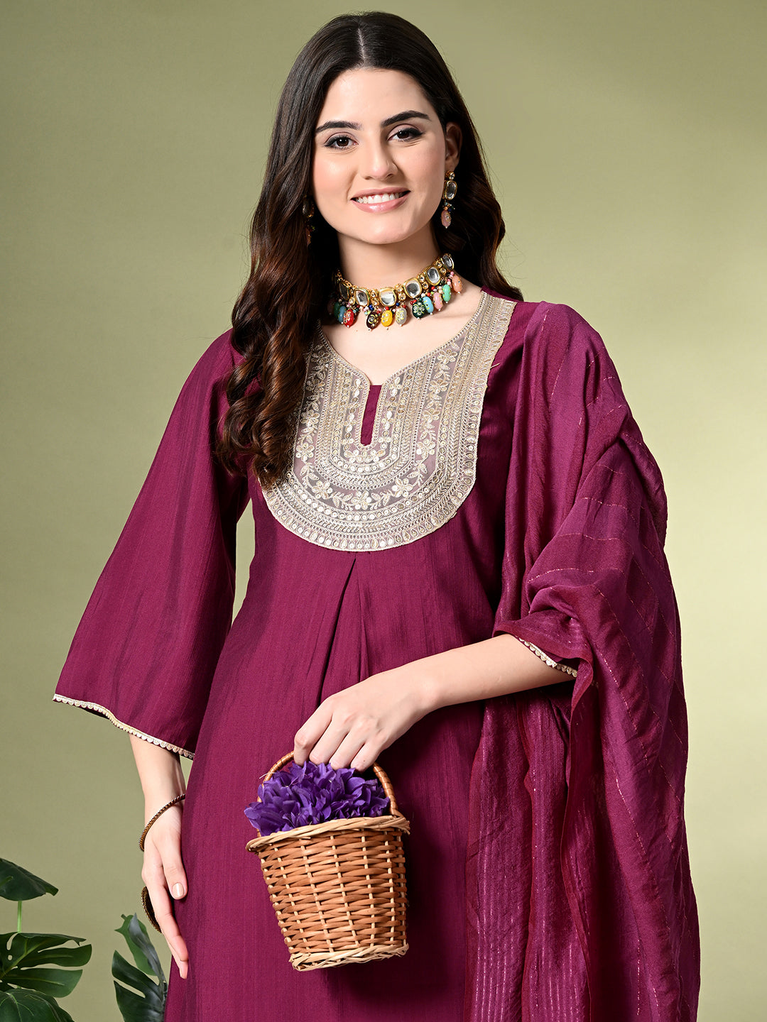 Myshka Women's Embroidered V-Neck Bell Sleeves Kurta & Dhoti Pants With Dupatta Sets in Magenta Color