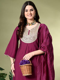 Thumbnail for Myshka Women's Embroidered V-Neck Bell Sleeves Kurta & Dhoti Pants With Dupatta Sets in Magenta Color