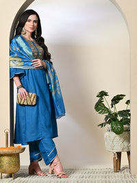 Thumbnail for Myshka Women's Embroidered Keyhole Neck Bell Sleeves Kurta & Palazzos With Dupatta Sets in Blue Color