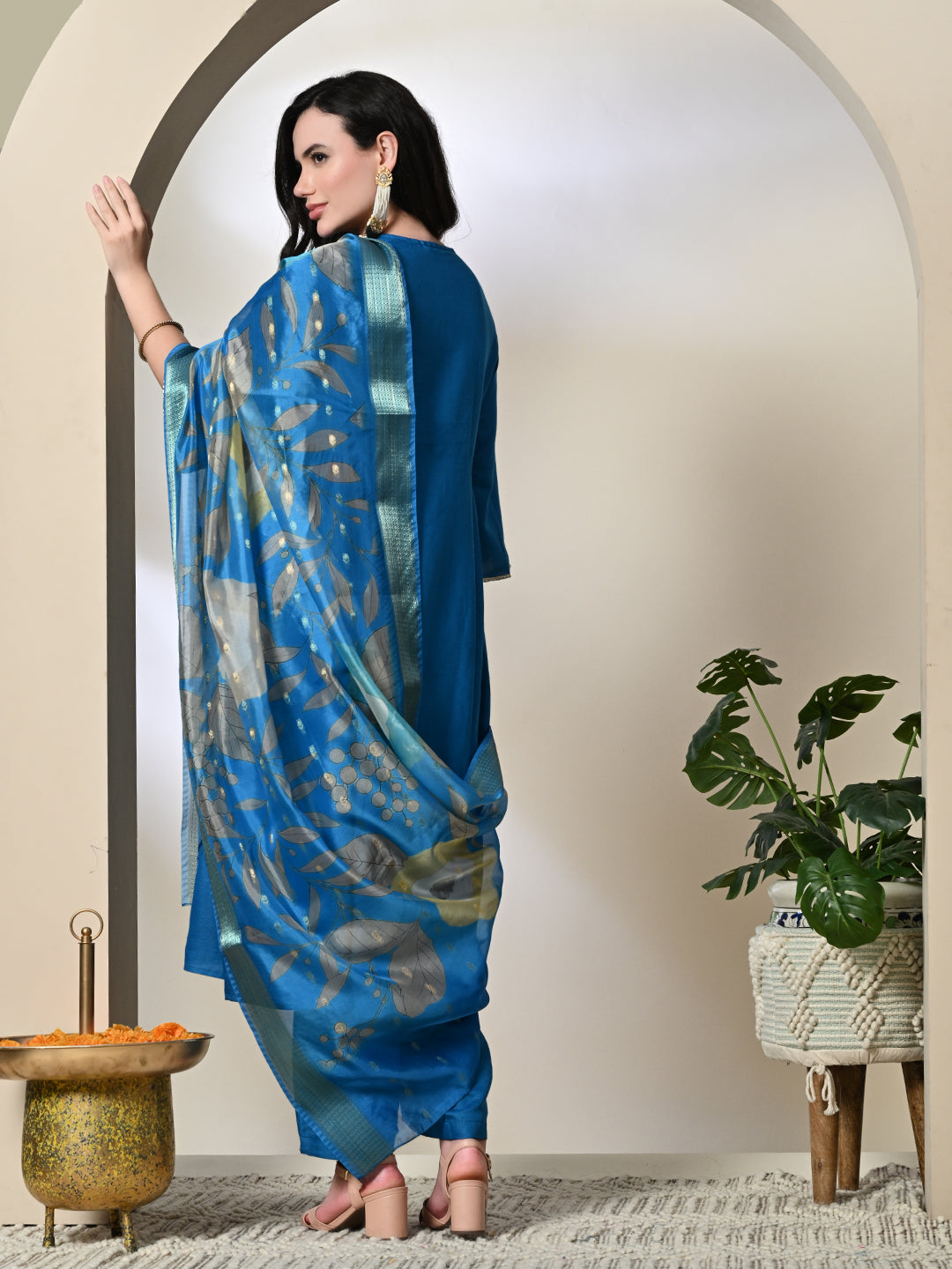 Myshka Women's Embroidered Keyhole Neck Bell Sleeves Kurta & Palazzos With Dupatta Sets in Blue Color