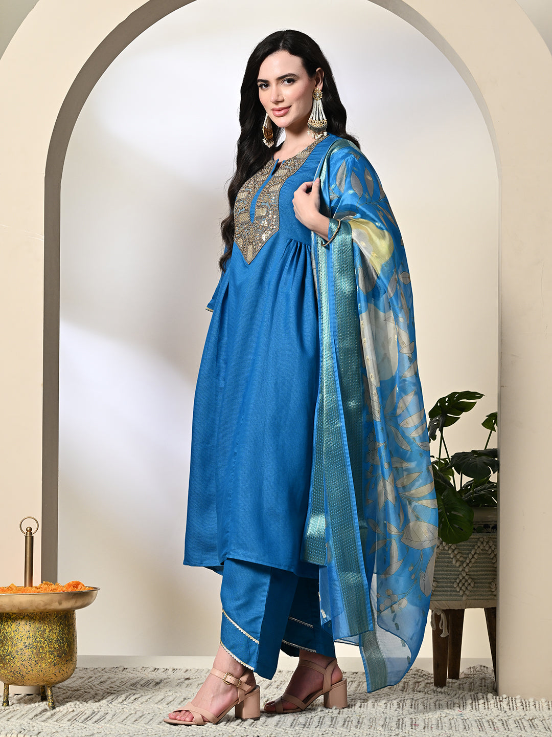 Myshka Women's Embroidered Keyhole Neck Bell Sleeves Kurta & Palazzos With Dupatta Sets in Blue Color