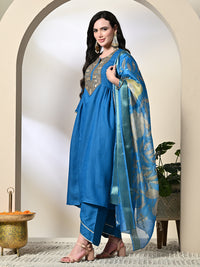 Thumbnail for Myshka Women's Embroidered Keyhole Neck Bell Sleeves Kurta & Palazzos With Dupatta Sets in Blue Color