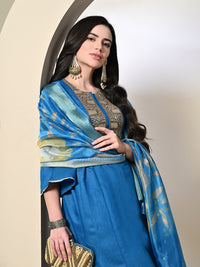 Thumbnail for Myshka Women's Embroidered Keyhole Neck Bell Sleeves Kurta & Palazzos With Dupatta Sets in Blue Color