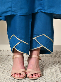 Thumbnail for Myshka Women's Embroidered Keyhole Neck Bell Sleeves Kurta & Palazzos With Dupatta Sets in Blue Color