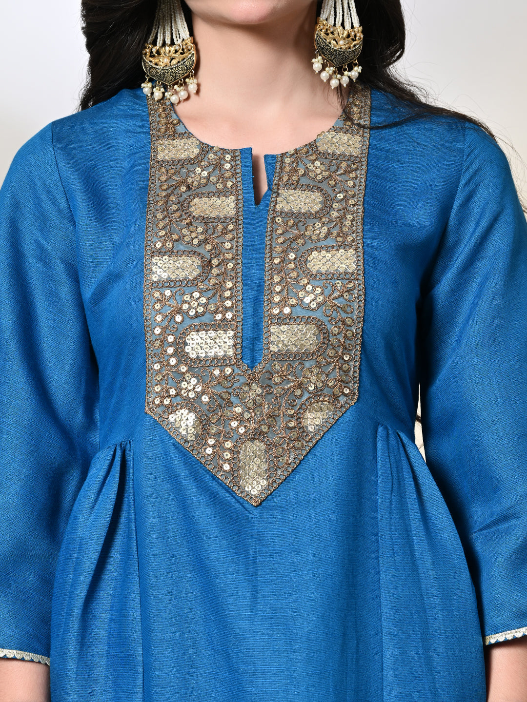 Myshka Women's Embroidered Keyhole Neck Bell Sleeves Kurta & Palazzos With Dupatta Sets in Blue Color