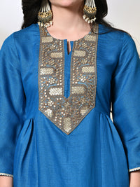 Thumbnail for Myshka Women's Embroidered Keyhole Neck Bell Sleeves Kurta & Palazzos With Dupatta Sets in Blue Color