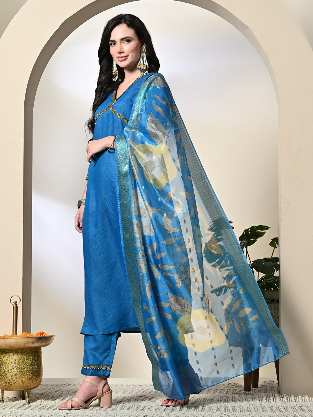 Myshka Women's Solid V-Neck Regular Sleeves Kurta & Palazzos With Dupatta Sets in Blue Color
