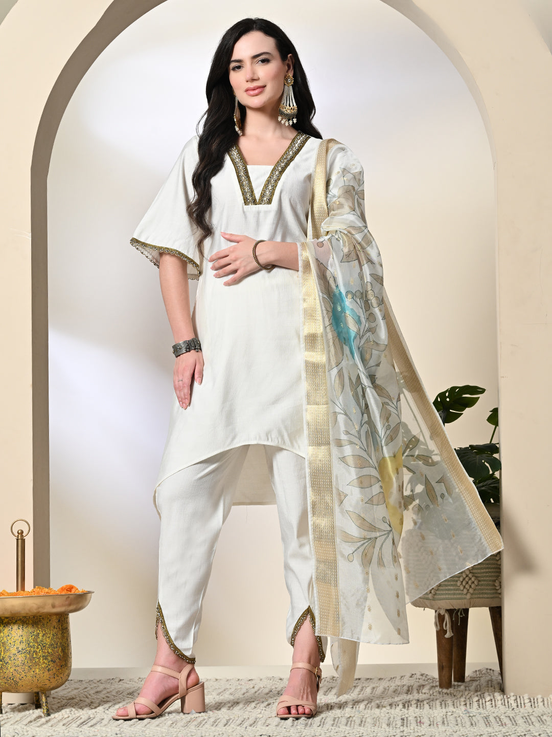Myshka Women's Solid V-Neck Bell Sleeves Kurta & Dhoti Pants With Printed Dupatta Sets in White Color