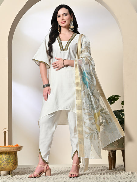 Myshka Women's Solid V-Neck Bell Sleeves Kurta & Dhoti Pants With Printed Dupatta Sets in White Color
