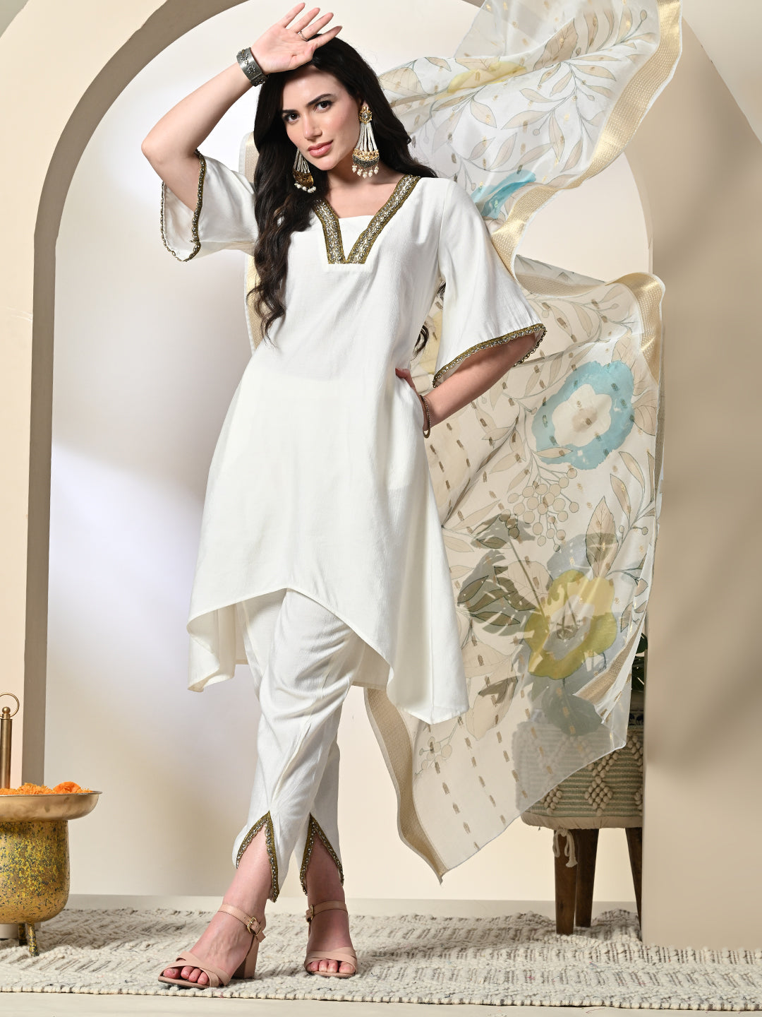 Myshka Women's Solid V-Neck Bell Sleeves Kurta & Dhoti Pants With Printed Dupatta Sets in White Color