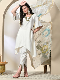 Thumbnail for Myshka Women's Solid V-Neck Bell Sleeves Kurta & Dhoti Pants With Printed Dupatta Sets in White Color