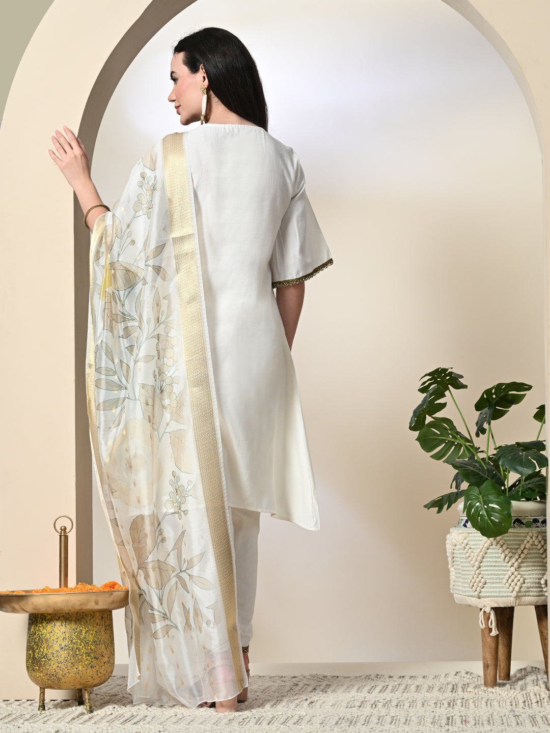 Myshka Women's Solid V-Neck Bell Sleeves Kurta & Dhoti Pants With Printed Dupatta Sets in White Color
