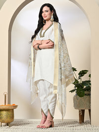 Thumbnail for Myshka Women's Solid V-Neck Bell Sleeves Kurta & Dhoti Pants With Printed Dupatta Sets in White Color