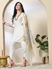 Thumbnail for Myshka Women's Solid V-Neck Bell Sleeves Kurta & Dhoti Pants With Printed Dupatta Sets in White Color