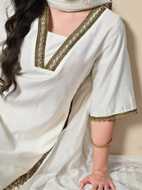 Thumbnail for Myshka Women's Solid V-Neck Bell Sleeves Kurta & Dhoti Pants With Printed Dupatta Sets in White Color