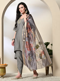 Thumbnail for Myshka Women's Solid V-Neck Bell Sleeves Kurta & Dhoti Pants With Printed Dupatta Sets in Grey Color