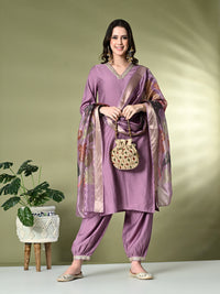Thumbnail for Myshka Women's Embroidered V-Neck Bell Sleeves Kurta & Salwar With Printed Dupatta Sets in Lavender Color