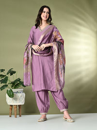 Thumbnail for Myshka Women's Embroidered V-Neck Bell Sleeves Kurta & Salwar With Printed Dupatta Sets in Lavender Color