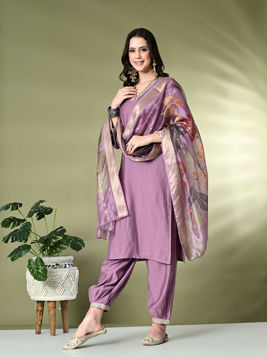 Myshka Women's Embroidered V-Neck Bell Sleeves Kurta & Salwar With Printed Dupatta Sets in Lavender Color