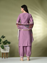 Thumbnail for Myshka Women's Embroidered V-Neck Bell Sleeves Kurta & Salwar With Printed Dupatta Sets in Lavender Color